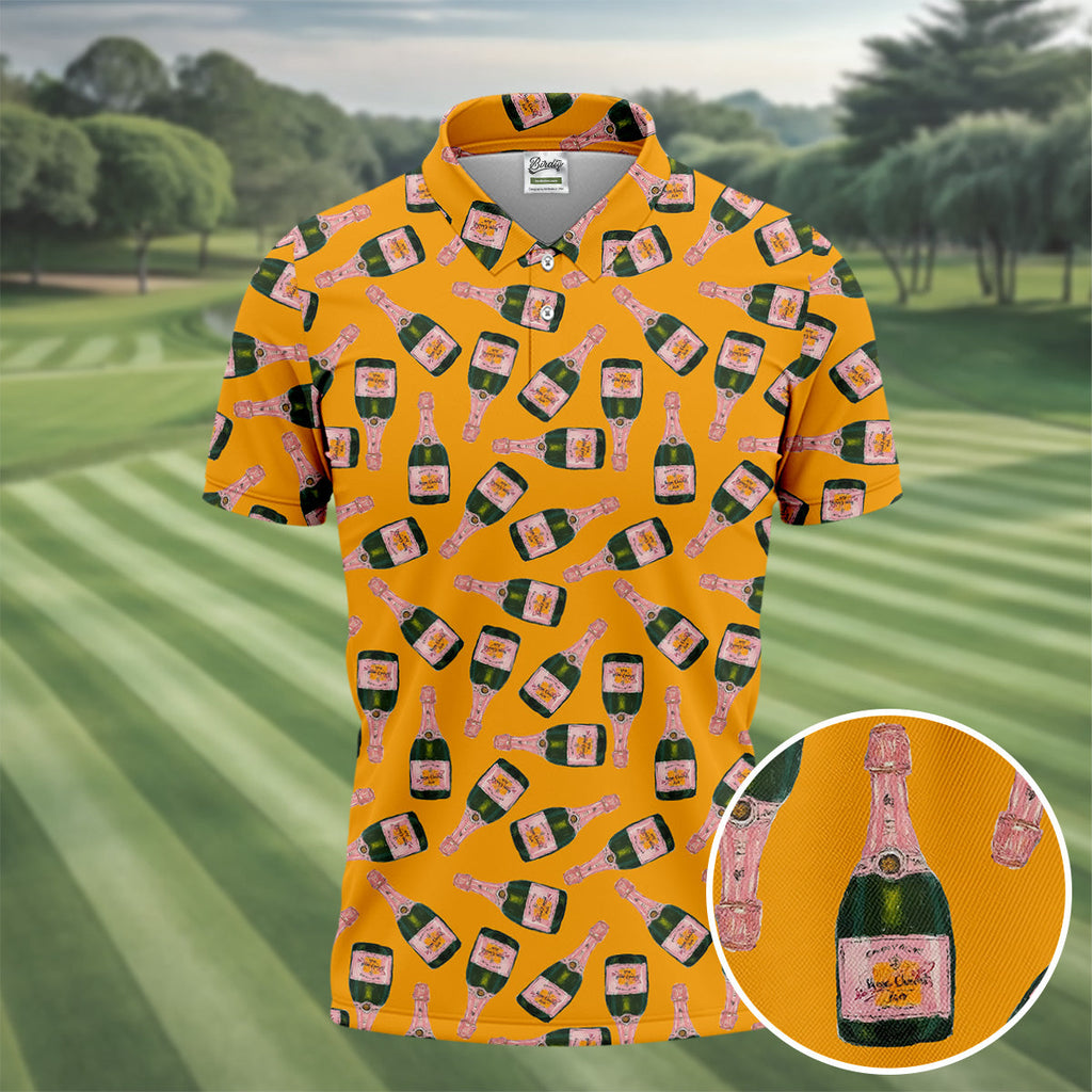 Rosé Champagne Seamless Pattern Yellow Golf Shirt, Polo Shirts For Men, Golf Shirts For Men