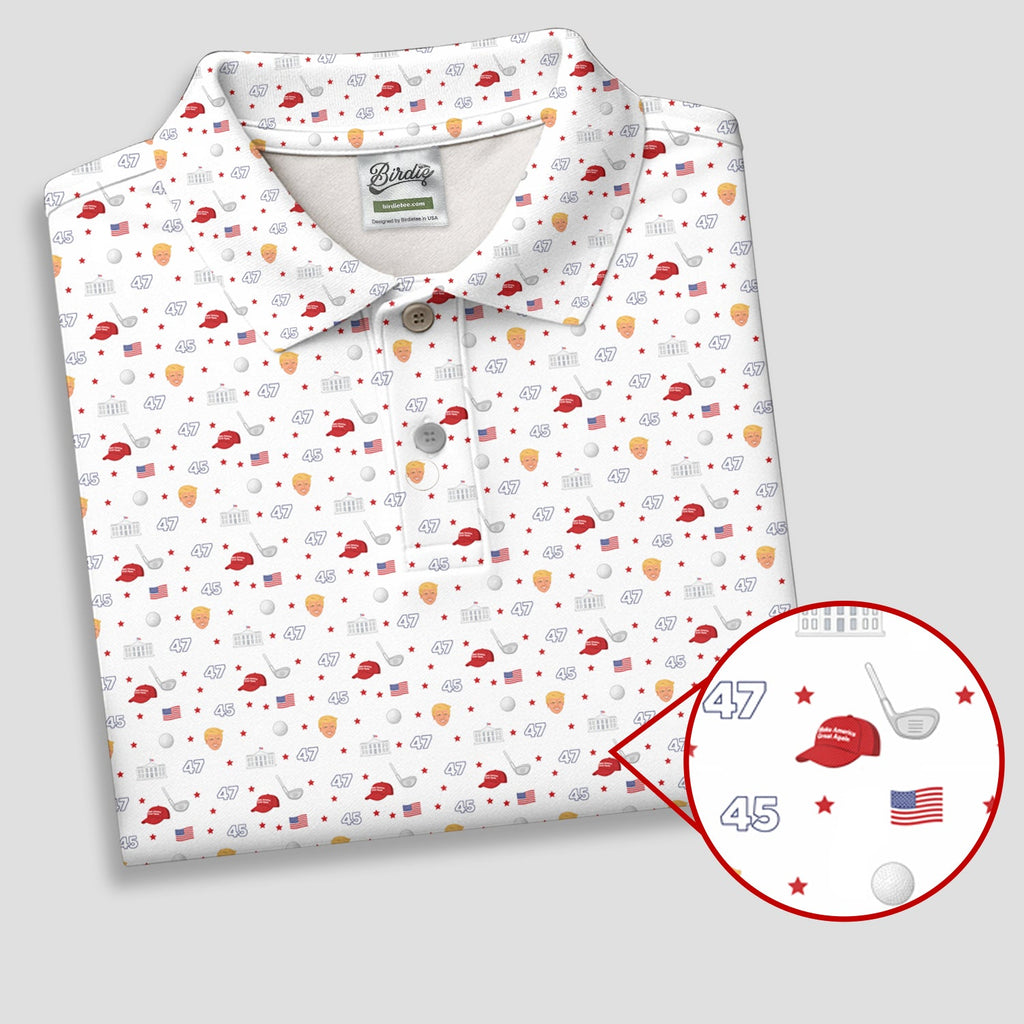 45 47 US Flag Pattern White Golf Shirt, Funny Golf Shirt, Golf Shirts For Men, Golf Gift For Men