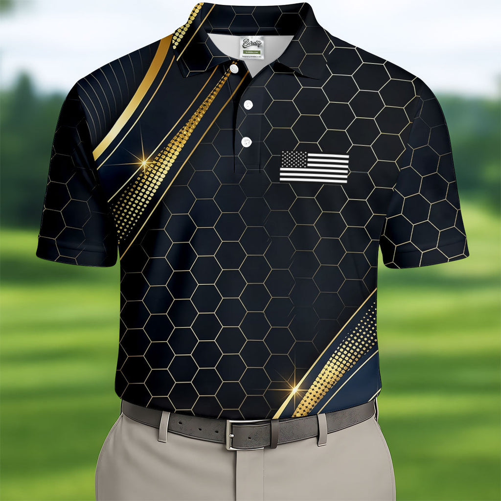 Gold Hexagonal US Flag Logo Retro Golf Shirt, 250 Years Patriotic 4th Of July Golf Shirts For Men