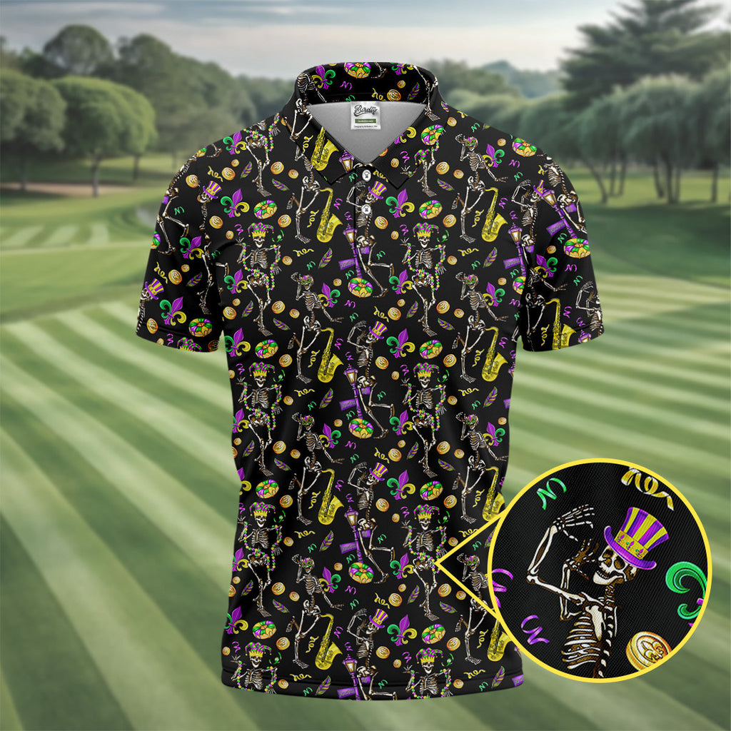Dancing Skeleton Mardi Gras Fleur De Lis Black Golf Shirt, Polo Shirts For Men, Golf Shirts For Men