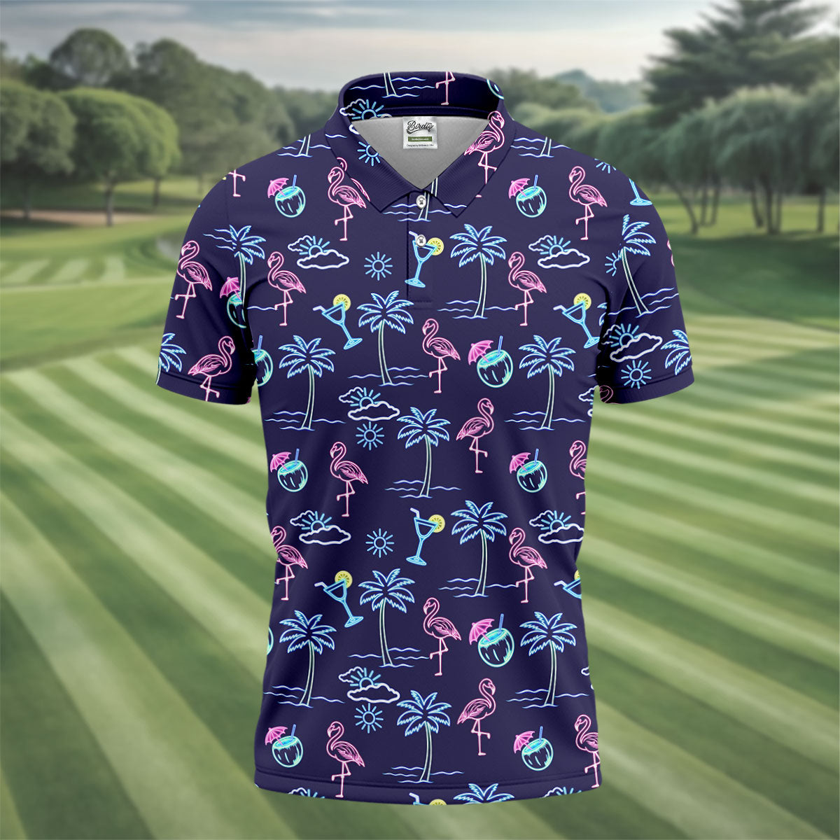 Neon Line Tropical Flamingo Hawaiian Golf Shirt, Polo Shirts For Men, Golfing Apparel