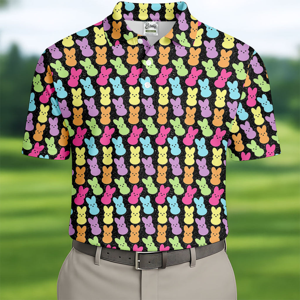 Colorful Easter Peeps Black Golf Shirt, Golf Shirts For Men, Cute Golf Outfit, Polo Shirts For Men