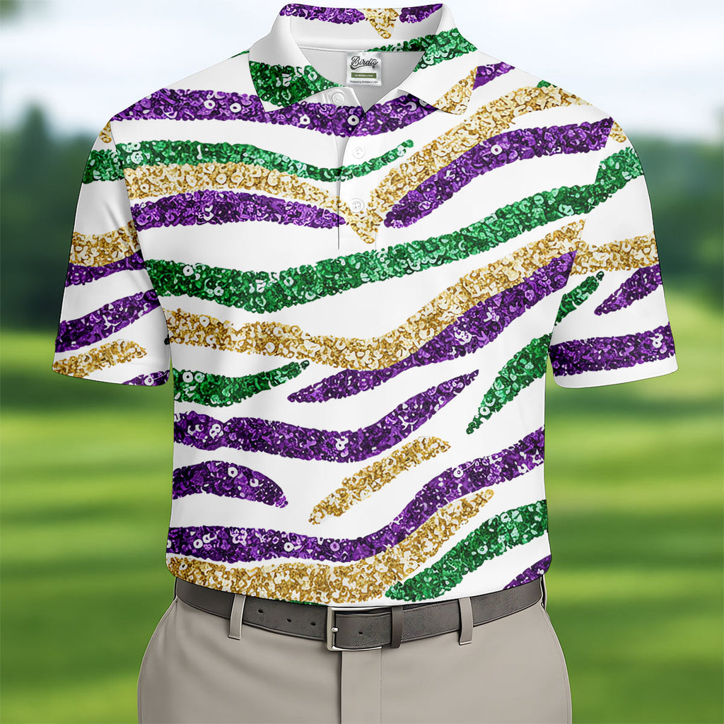 Purple Green Gold Sequin Pattern White Mardi Gras Golf Shirt, Polo Shirts For Men, Golf Shirts For Men