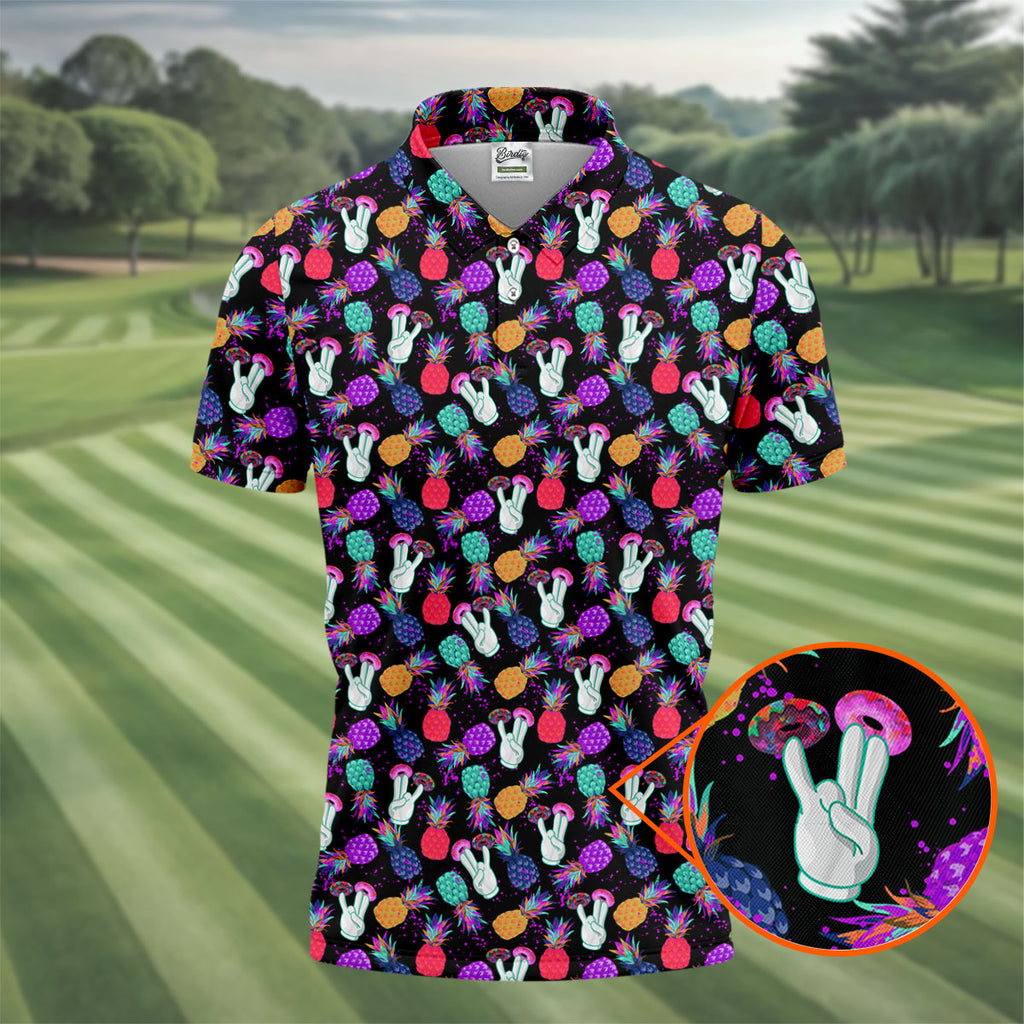 Hawaiian Pineapples Donut Finger Turquoise Orange Purple Fun Golf Shirts For Men, Polo ShirtFor Men