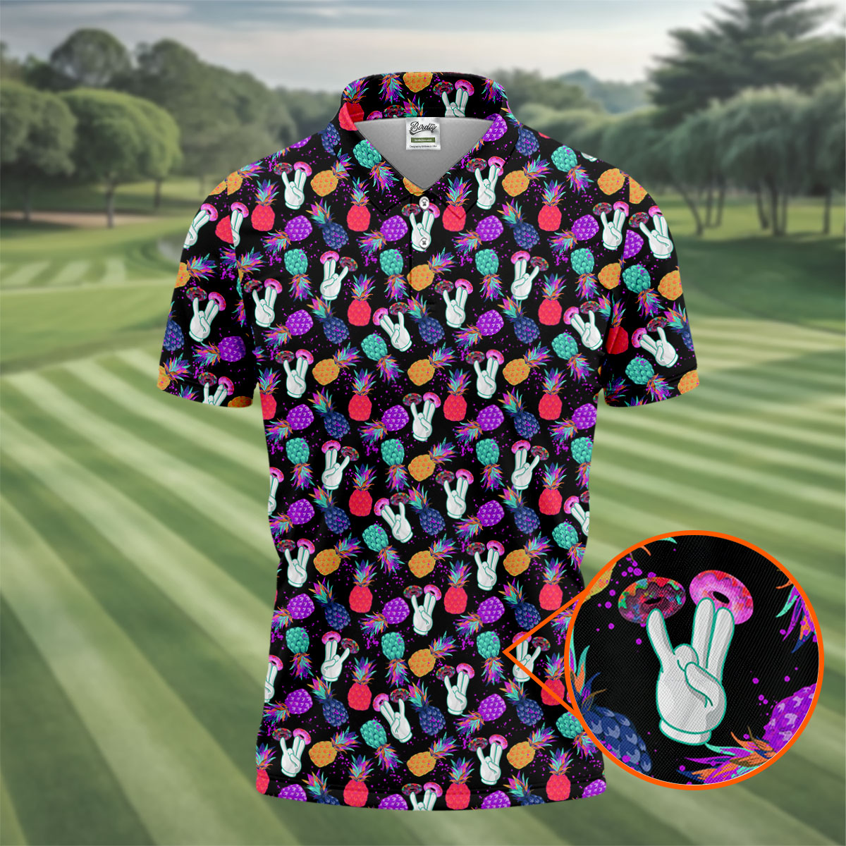 Hawaiian Pineapples Donut Finger Turquoise Orange Purple Fun Golf Shirts For Men, Polo ShirtFor Men