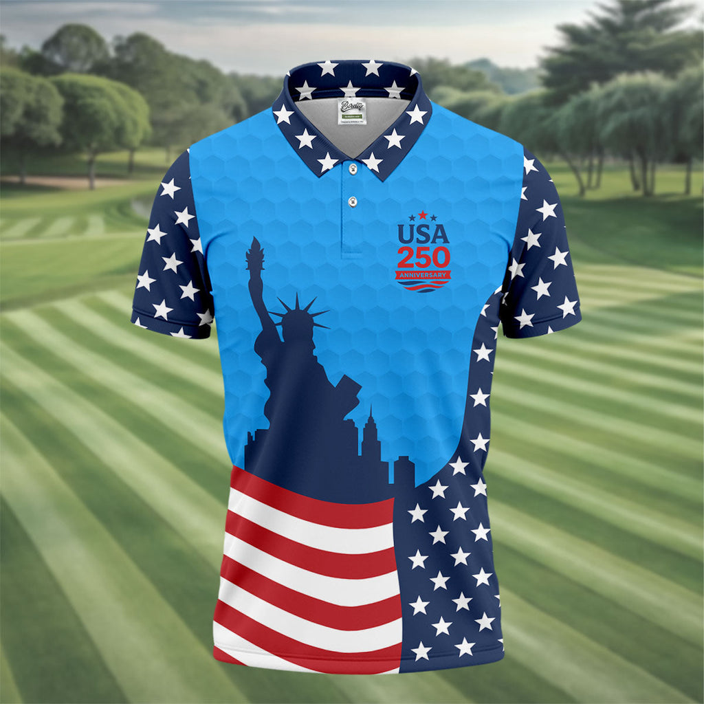 USA 250 Anniversary Statue Of Liberty Blue Golf Shirt, Patriotic Golf Shirt, 4th Of July Golf Shirts For Men