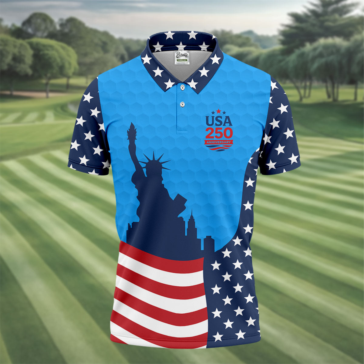 USA 250 Anniversary Statue Of Liberty Blue Golf Shirt, Patriotic Golf Shirt, 4th Of July Golf Shirts For Men