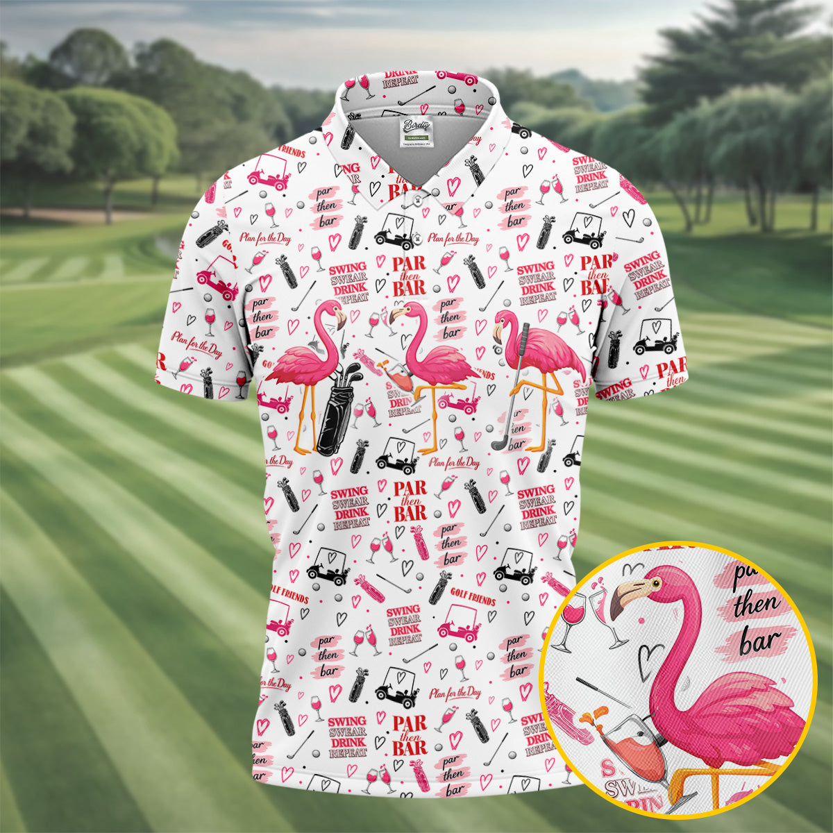 Par Then Bar Flamingo Golf Shirt, Tropical Party Polo Shirts For Men, Golf Shirts For Men