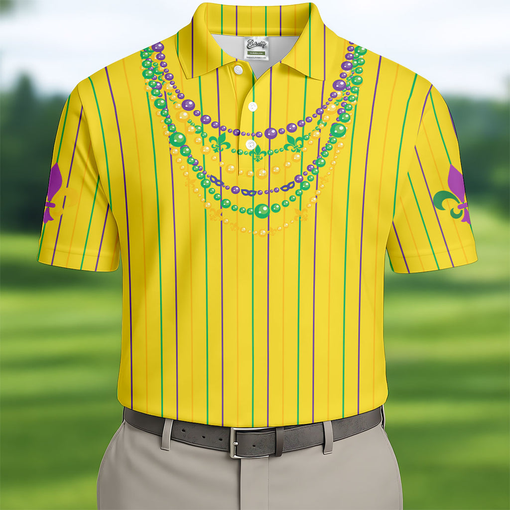 Mardi Gras Beads Necklaces Print Yellow Golf Shirt, Golf Tops For Men, Polo Shirts For Men, Golf Shirts For Men