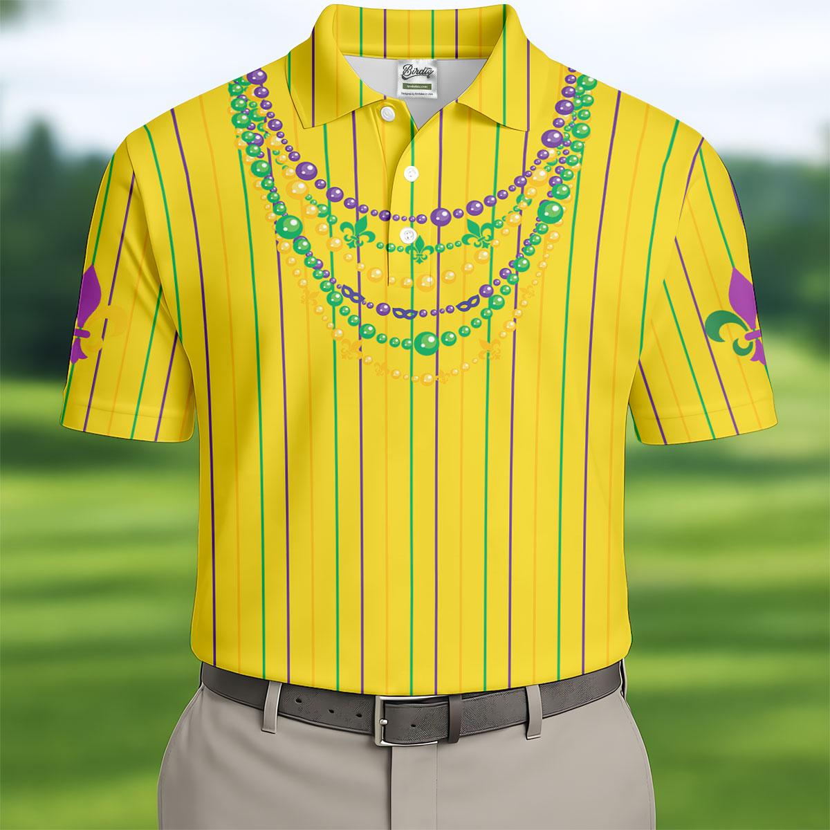 Mardi Gras Beads Necklaces Print Yellow Golf Shirt, Golf Tops For Men, Polo Shirts For Men, Golf Shirts For Men