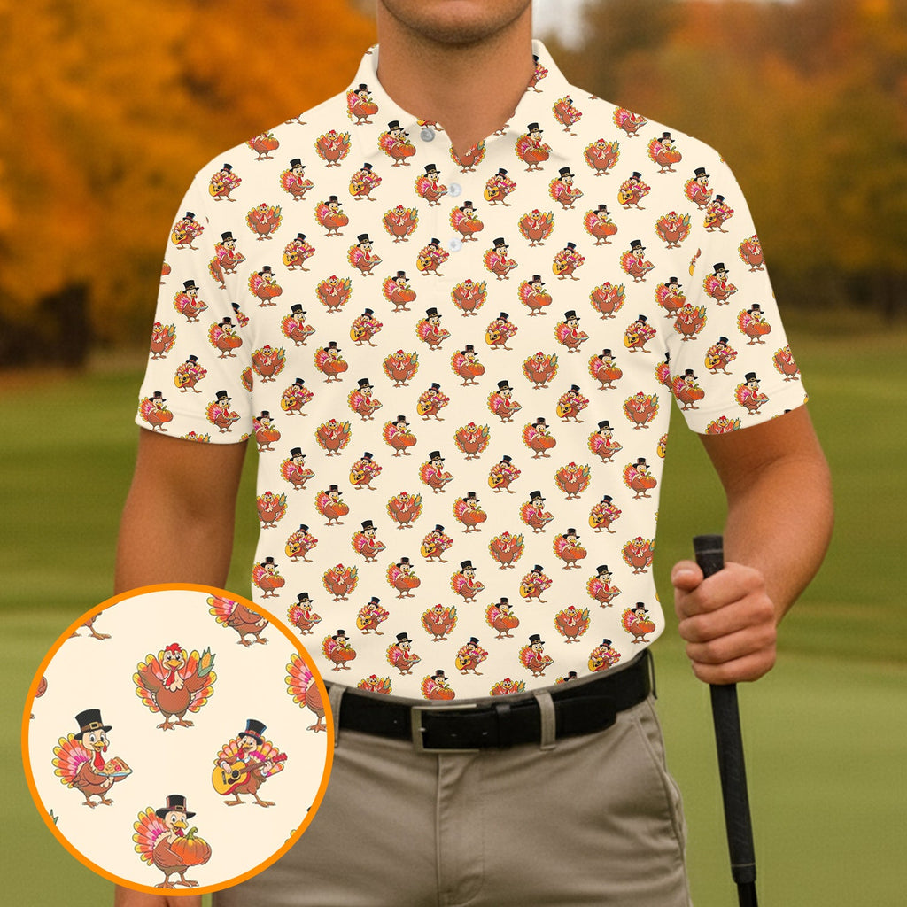 Festive Turkey Thanksgiving Holiday Beige Golf Tops For Men, Polo Shirts For Men, Golf Gift For Men