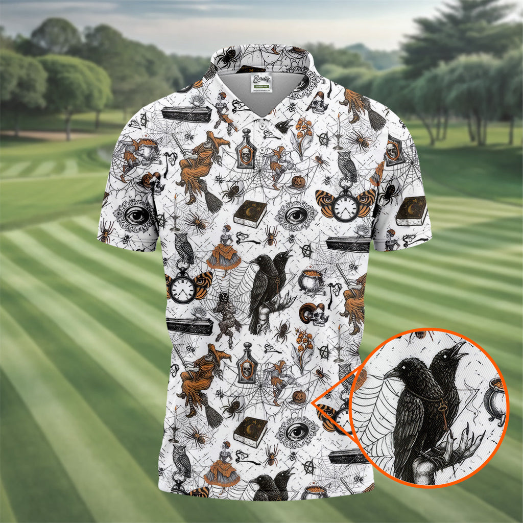 Spider Witch Skull Black Crow Men's Golf Shirt, Halloween Golf Shirt, Halloween Shirt For Men