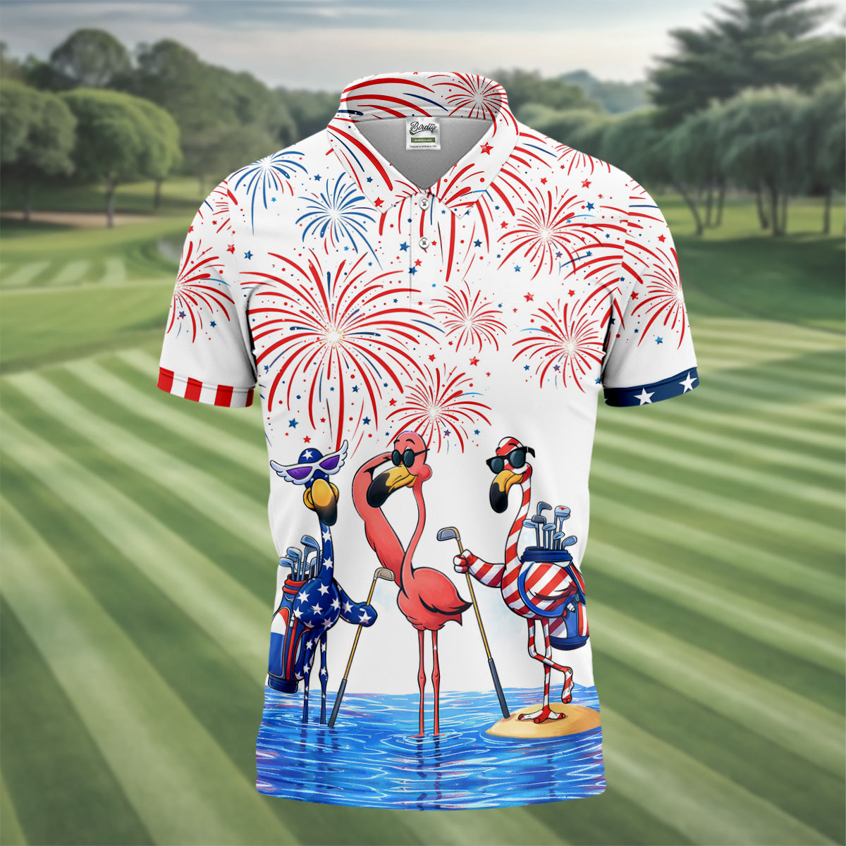 Funny Flamingo American Flag Pattern White Golf Shirt, 250th Anniversary Patriotic Golf Shirt, Golf Shirts For Men
