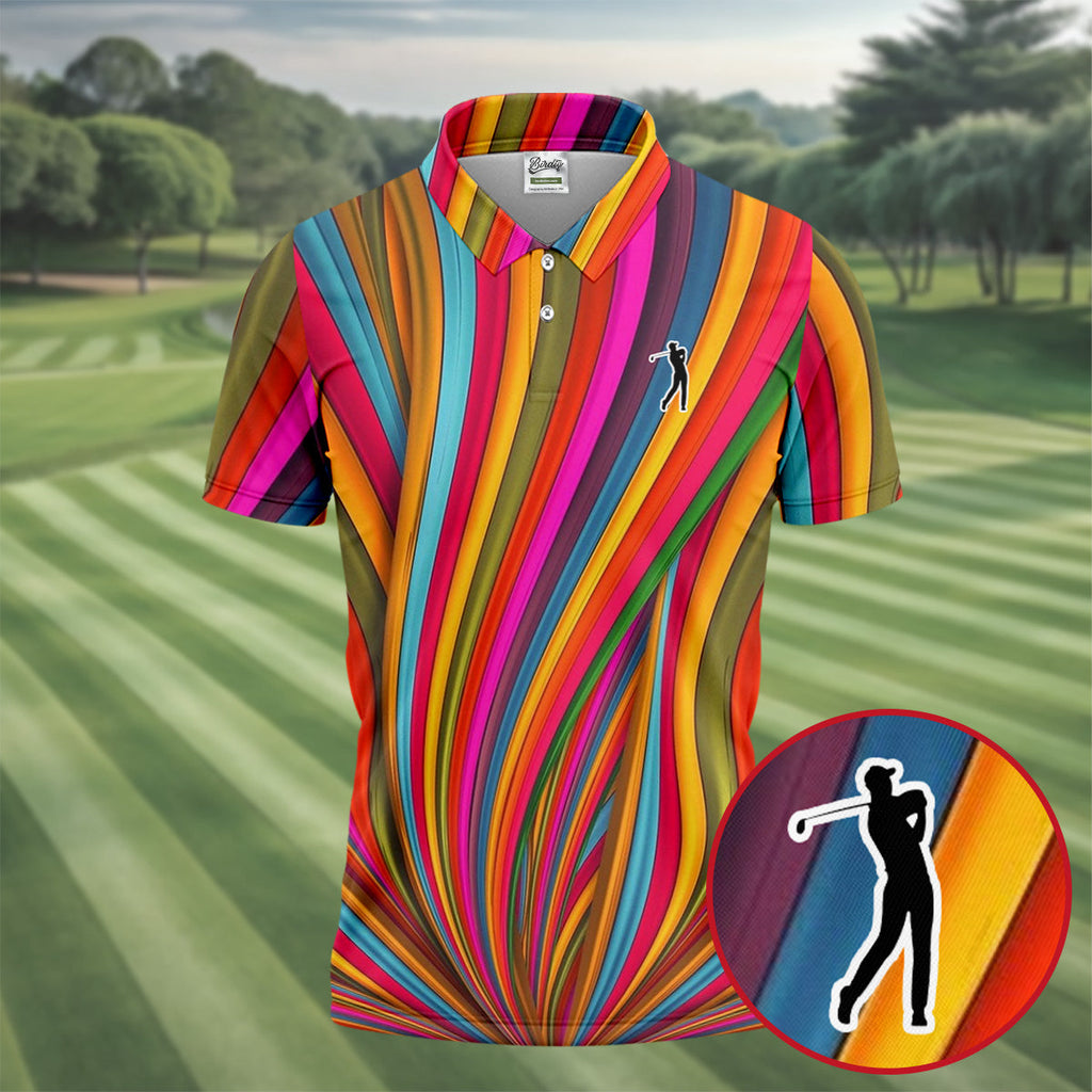 Rainbow Wave Golfer Silhouette Cinco De Mayo Celebration Fiesta Themed Golf Shirts For Men