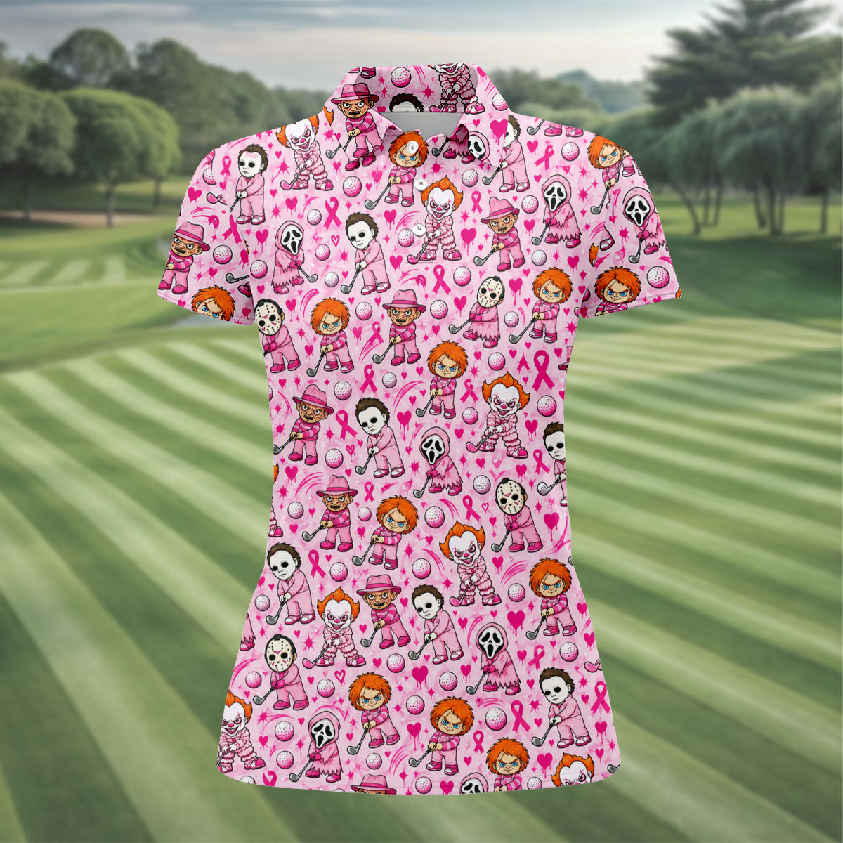 Halloween Horror Character Breast Cancer Polo Shirt, Women's Golf Polo, Ladies Golf Top