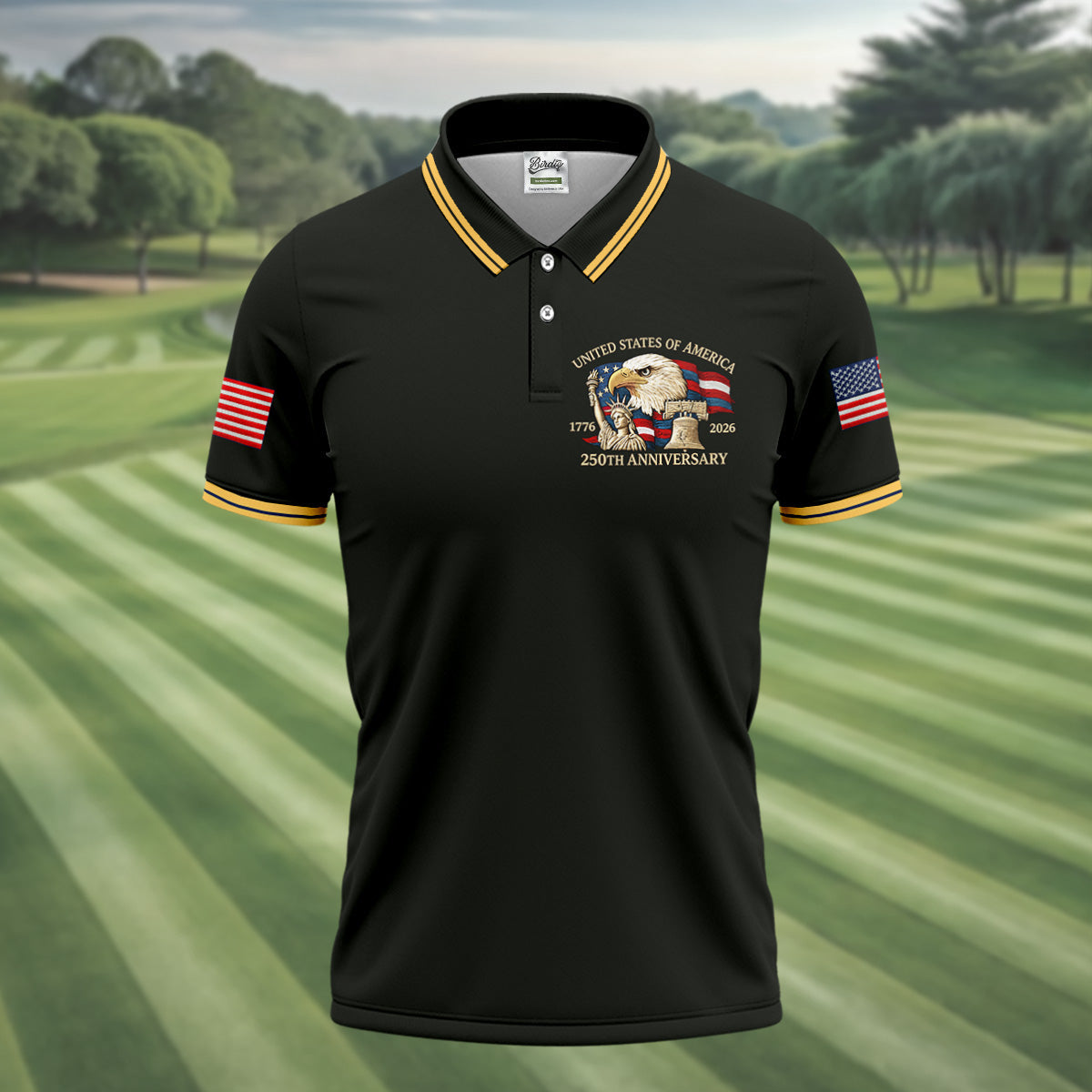 Bald Eagle American Flag 250 Years Black Golf Shirt, Patriotic 4th Of July Golf Shirts For Men