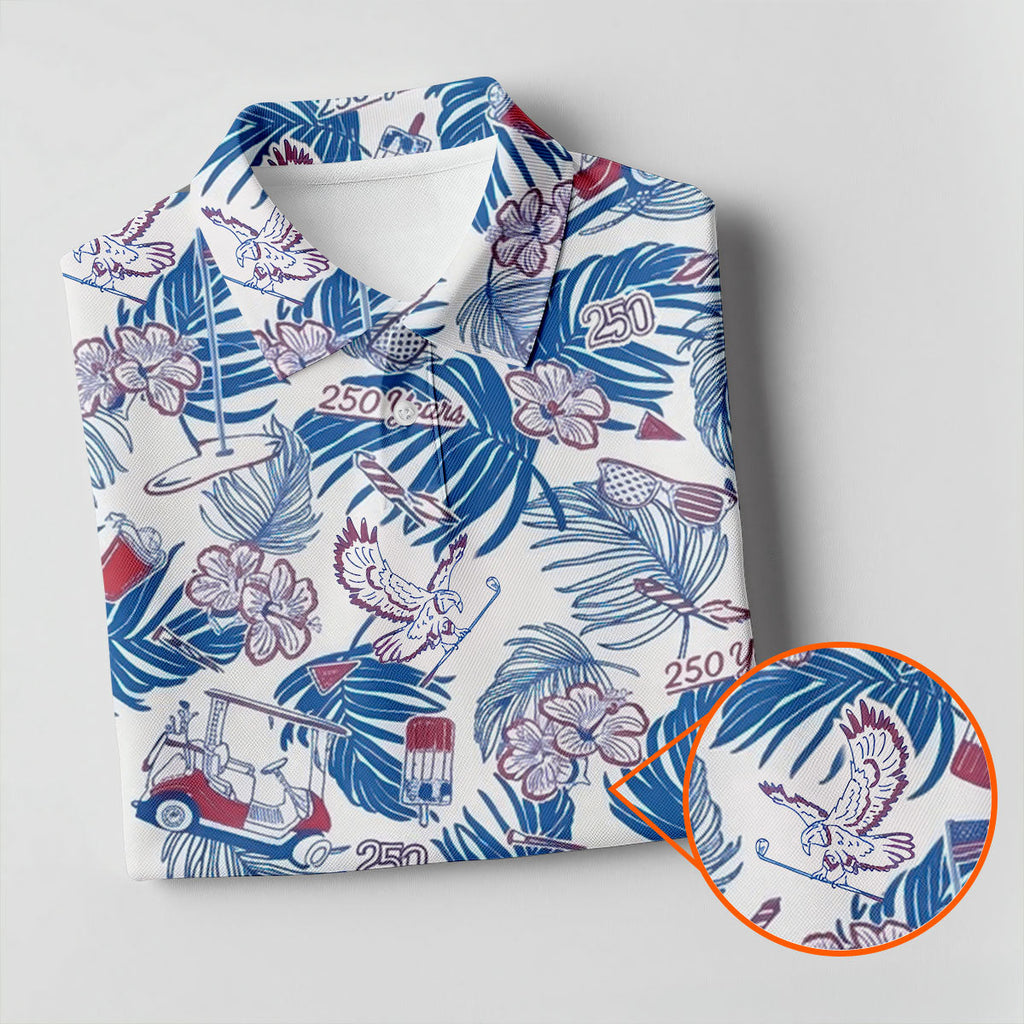 250 Years Red White Blue Tropical Floral Patriotic Golf Shirt, 4th Of July Golf Shirts For Men