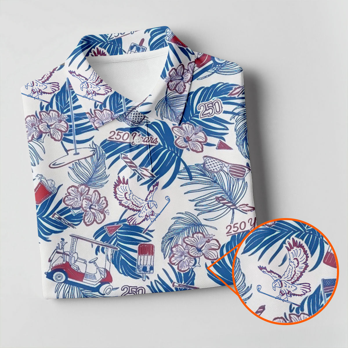 250 Years Red White Blue Tropical Floral Patriotic Golf Shirt, 4th Of July Golf Shirts For Men