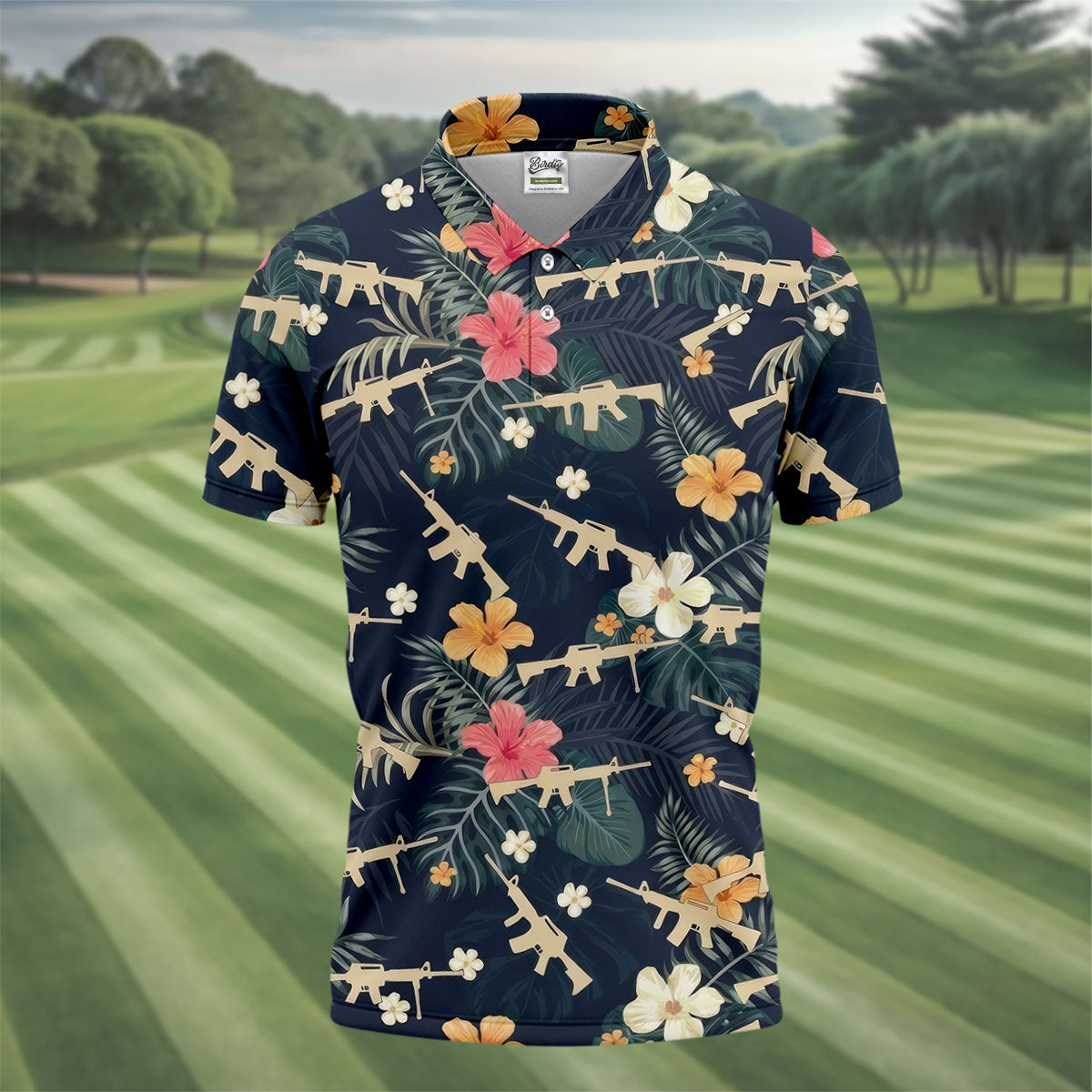 Colorful Hibiscus With Army Theme Golf Shirts For Men, Polo Shirts For Men, Golfing Apparel