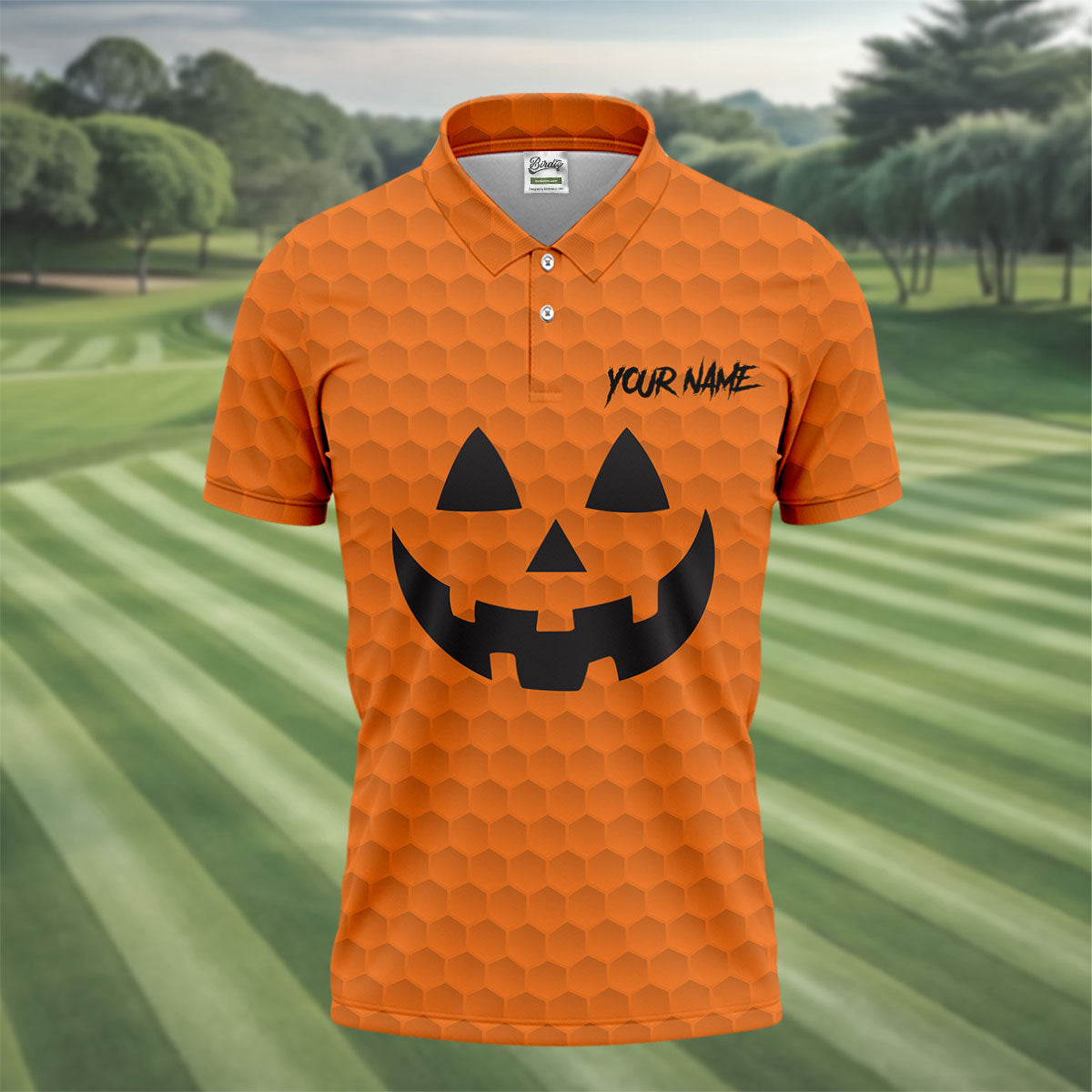 Halloween Pumpkin Face Custom Name Men's Funny Golf Shirts, Polo Shirts For Men, Golf Gift For Men