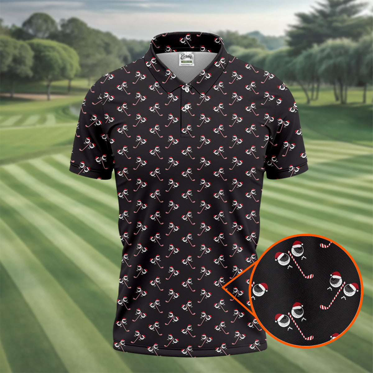Funny Christmas Candy Cane Pattern Black Golf Shirt, Polo Shirts For Men, Christmas Golf Shirt