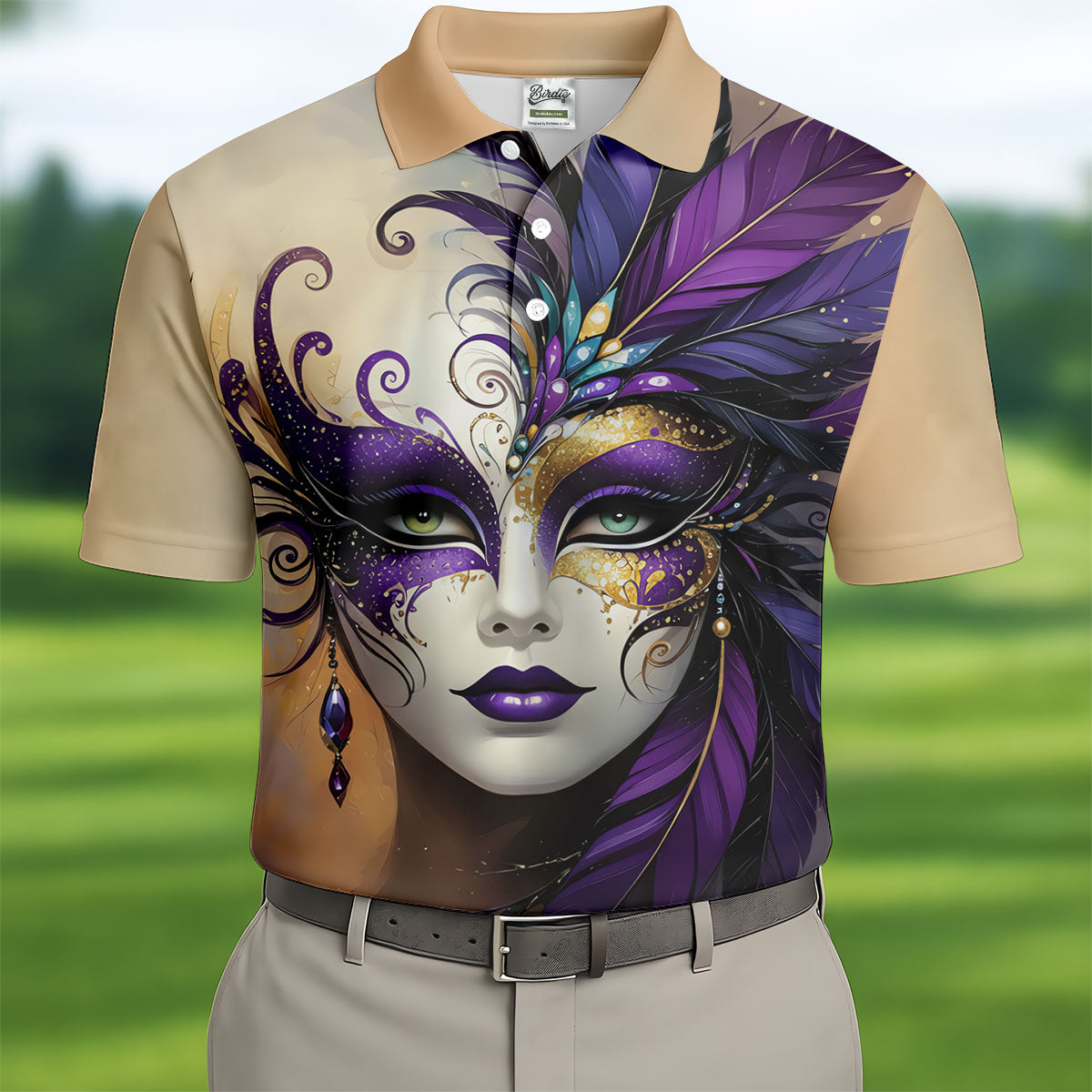 Feather Mask Mardi Gras Golf Shirt, Purple And Beige Golf Shirts For Men, Polo Shirts For Men