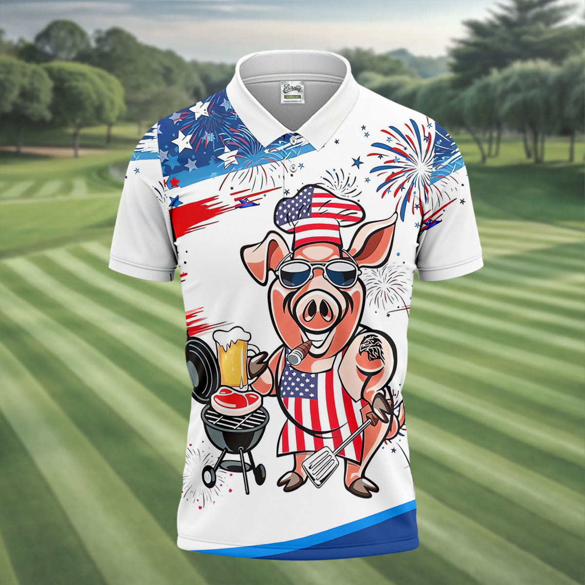 Patriotic American Flag Funny BBQ 250th Anniversary Polo Shirts For Men, Golf Shirts For Men