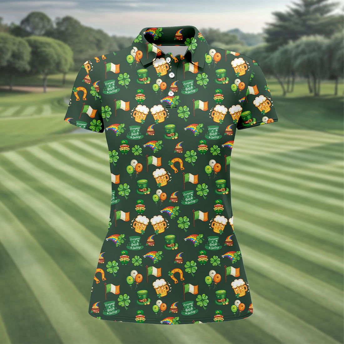 Everyone Is Irish Today Shamrock St Patrick's Day Dark Green Golf Shirt, Women's Golf Tops, Ladies Golf Polos