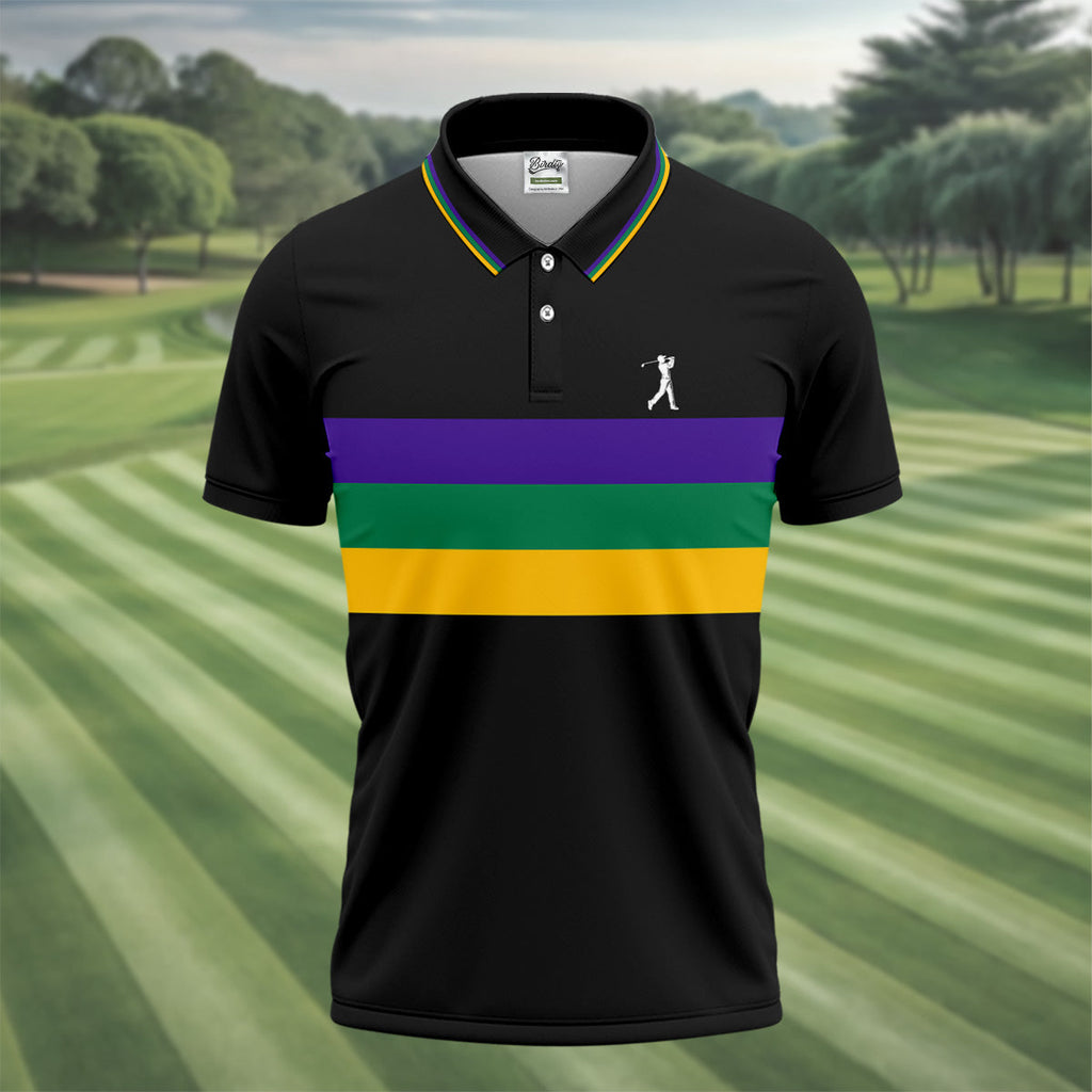 Mardi Gras Purple Green Gold Horizontal Stripes Black Golf Shirt, Golf Tops For Men, Polo Shirts For Men