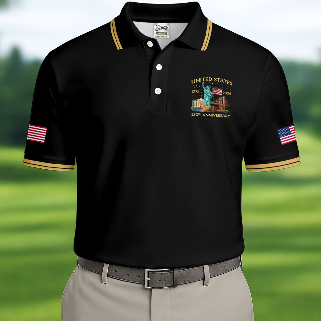 America 1776-2026 Patriotic Golf Polo Shirt, US 250th Anniversary 4th Of July Golf Shirts For Men