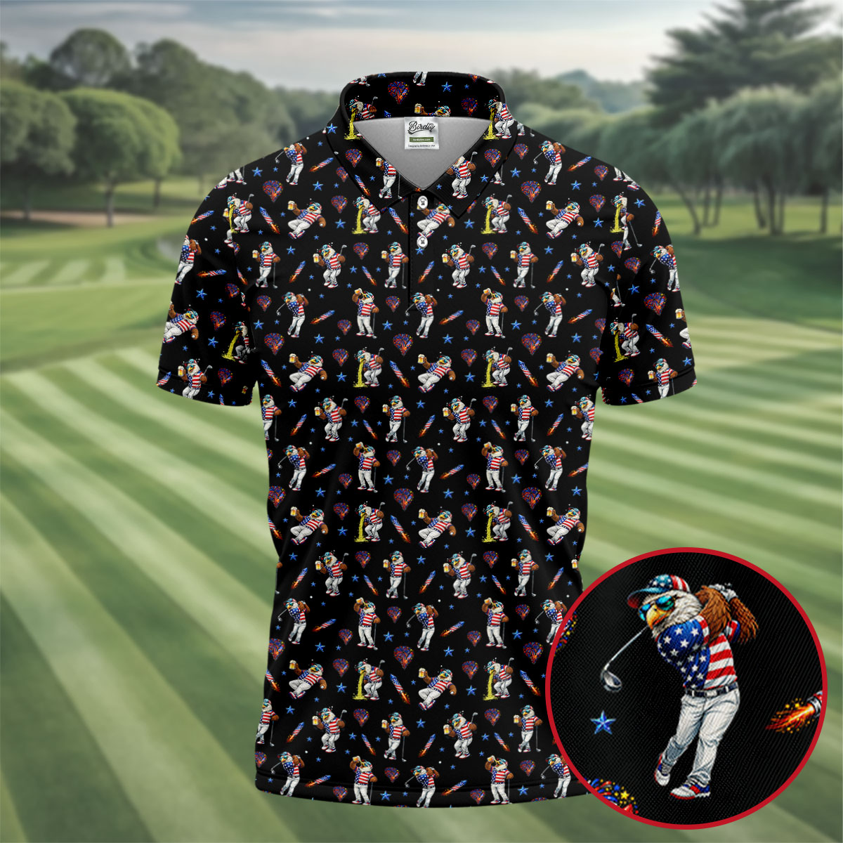 Patriotic Eagle Golf And Beer Funny 4th Of July Black Golf Shirt, 250th Anniversary Golf Shirts For Men