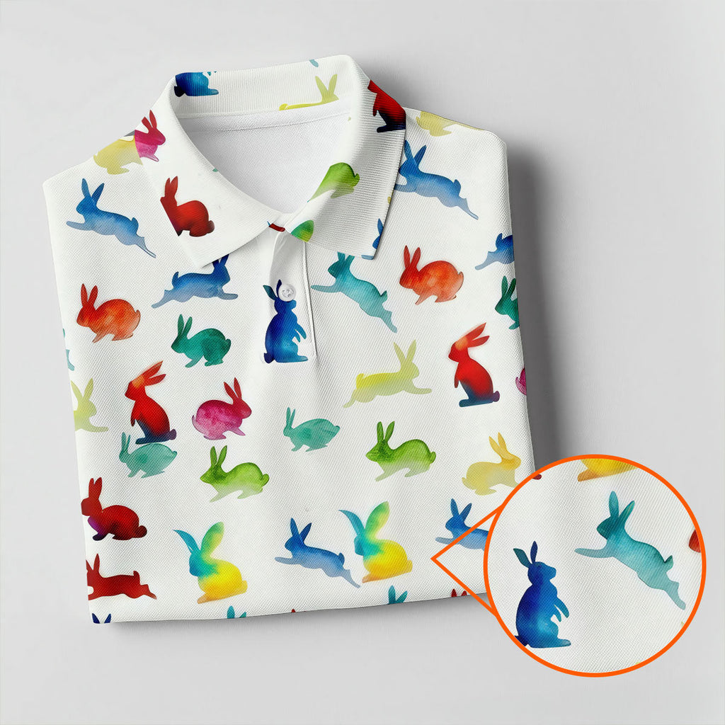 Colorful Bunny Funny Golf Shirt, Easter Bunny Pattern Golf Tops For Men, Golf Shirts For Men