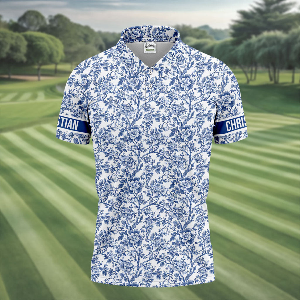 Toile De Jouy Blue Golf Shirt, Golf Tops For Men, Polo Shirts For Men, Golf Gift For Men, Golf Shirts For Men