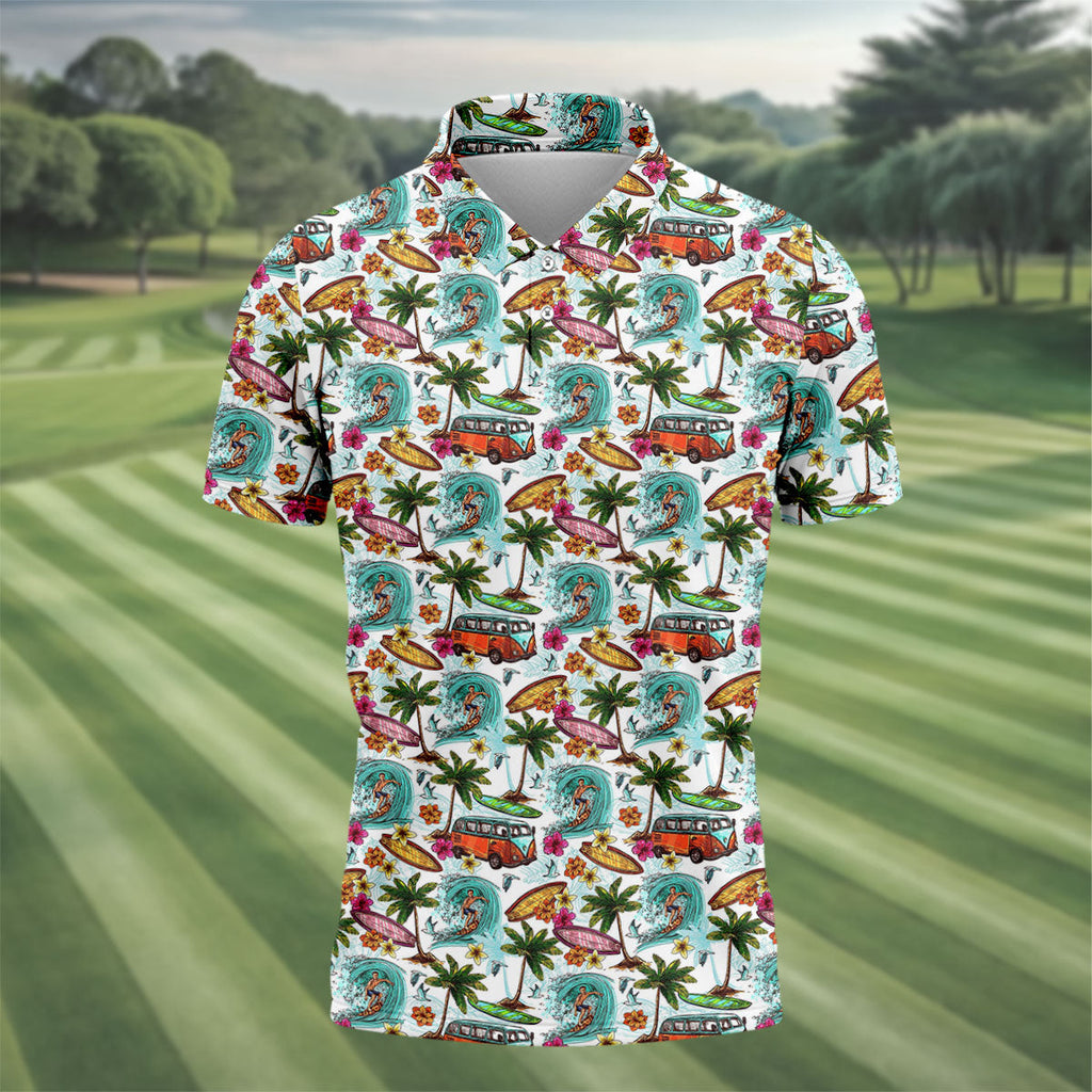 Tropical Trip Big Wave Riders Hawaiian Golf Shirt, Polo Shirts For Men, Golfing Apparel