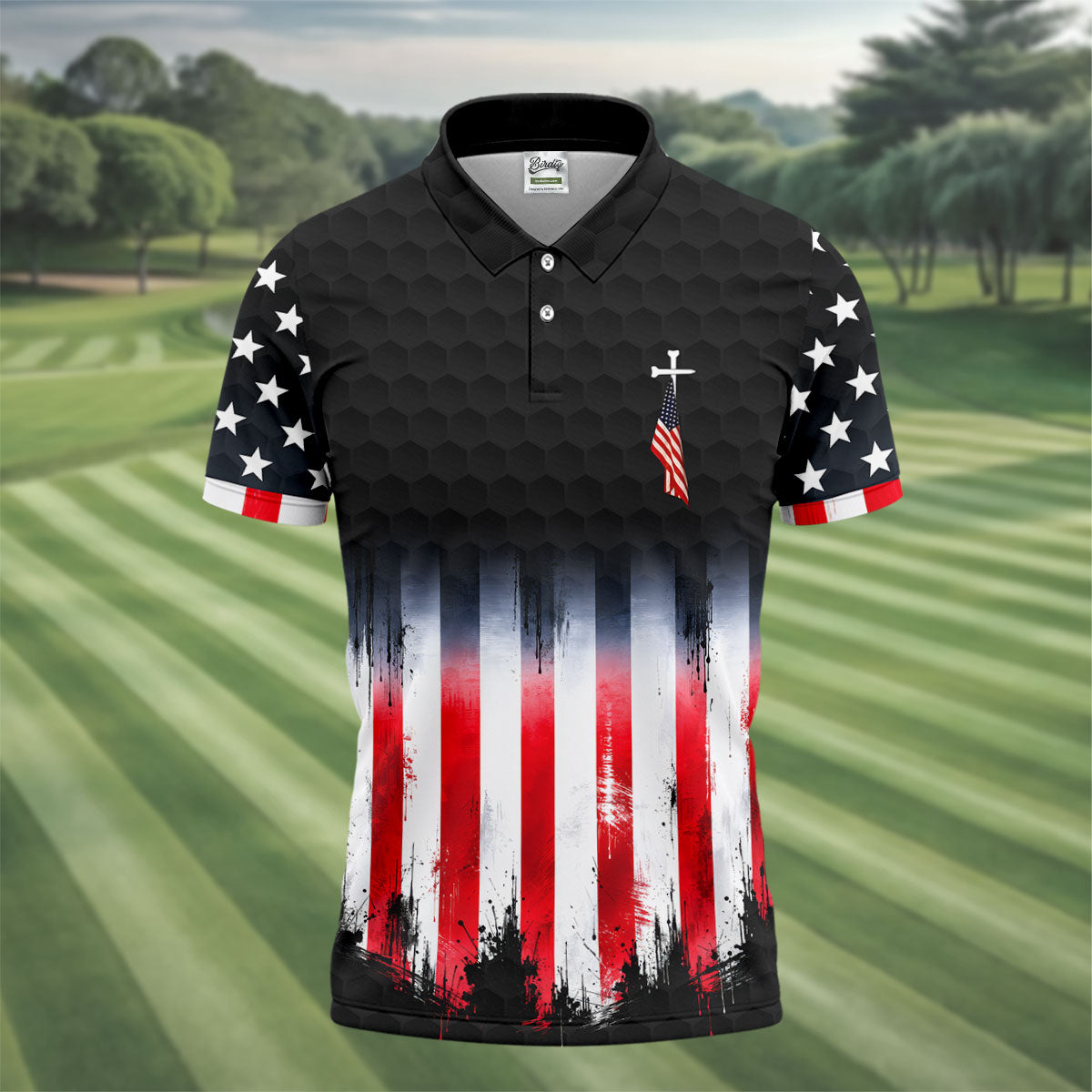 Faith Cross American Flag Patriotic Golf Ball Pattern 4th Of July Golf Shirt, 250th Anniversary Golf Shirts For Men