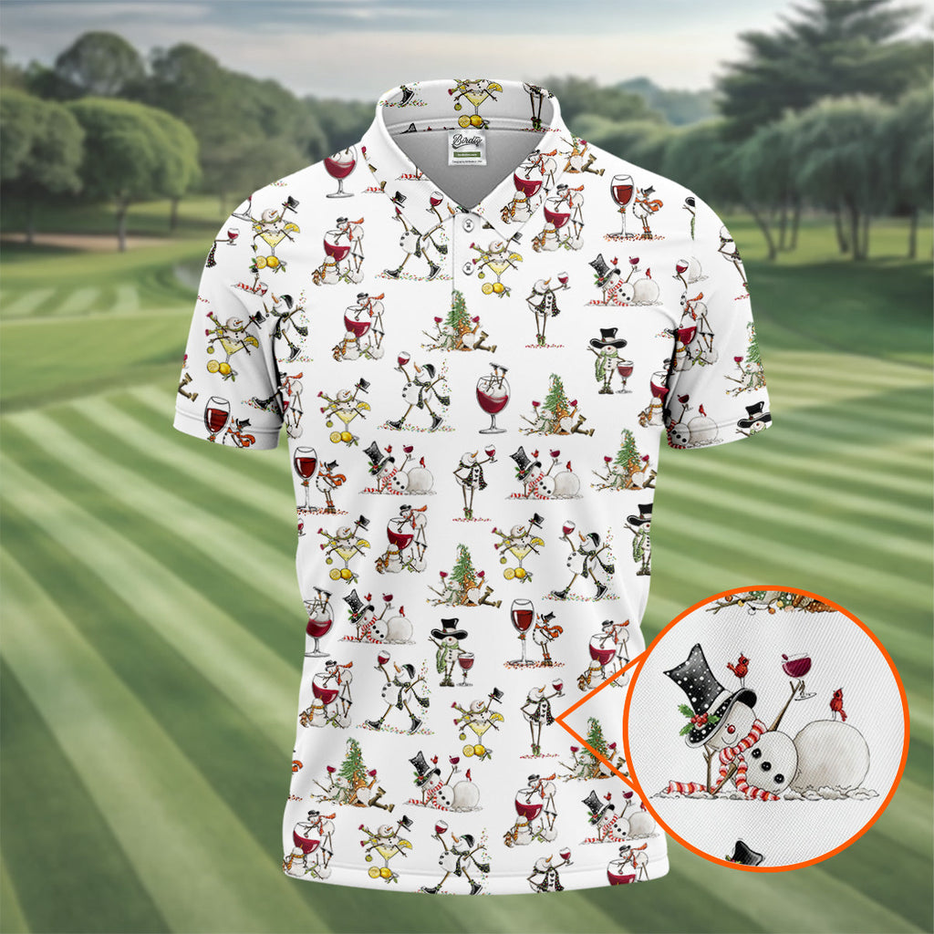 Funny Snowman Drinking Wine White Golf Shirt, Christmas Golf Shirt, Polo Shirts For Men, Golf Gift For Men