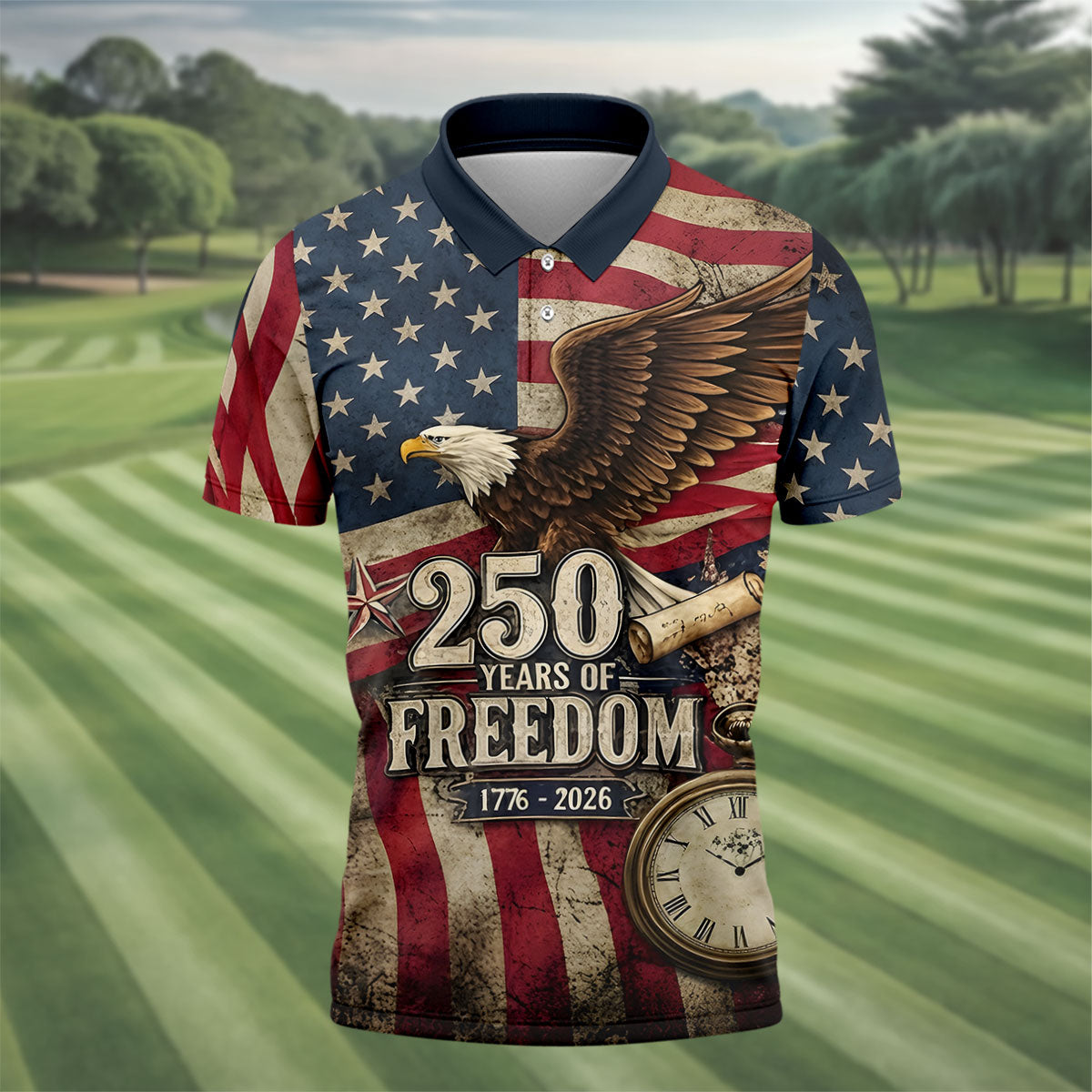 250 Years Of Freedom US Bald Eagle Retro US Flag Golf Tops For Men, Patriotic 4th Of July Golf Shirts For Men