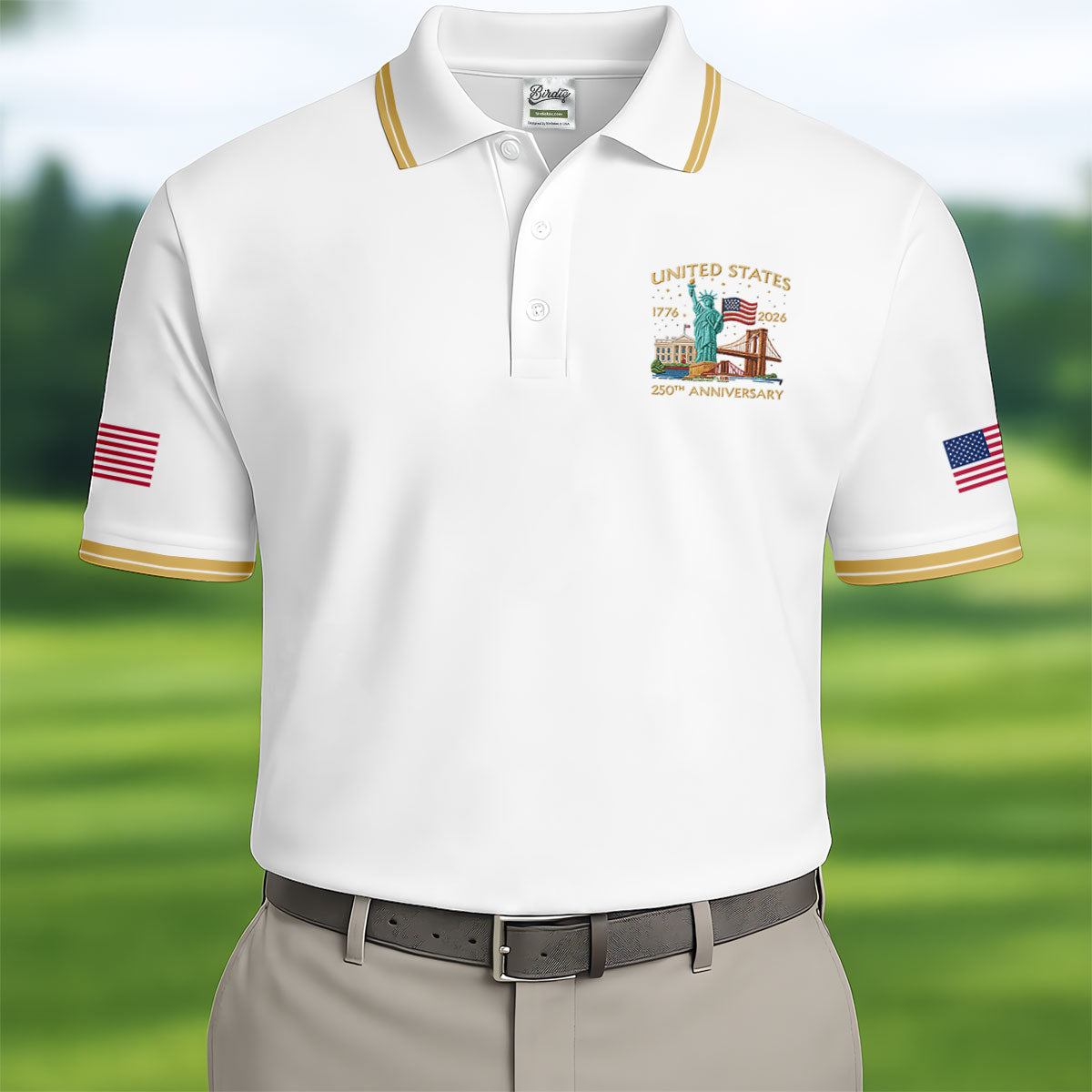 American Symbols White Patriotic Golf Shirt, US 250 Years 4th Of July Golf Shirts For Men