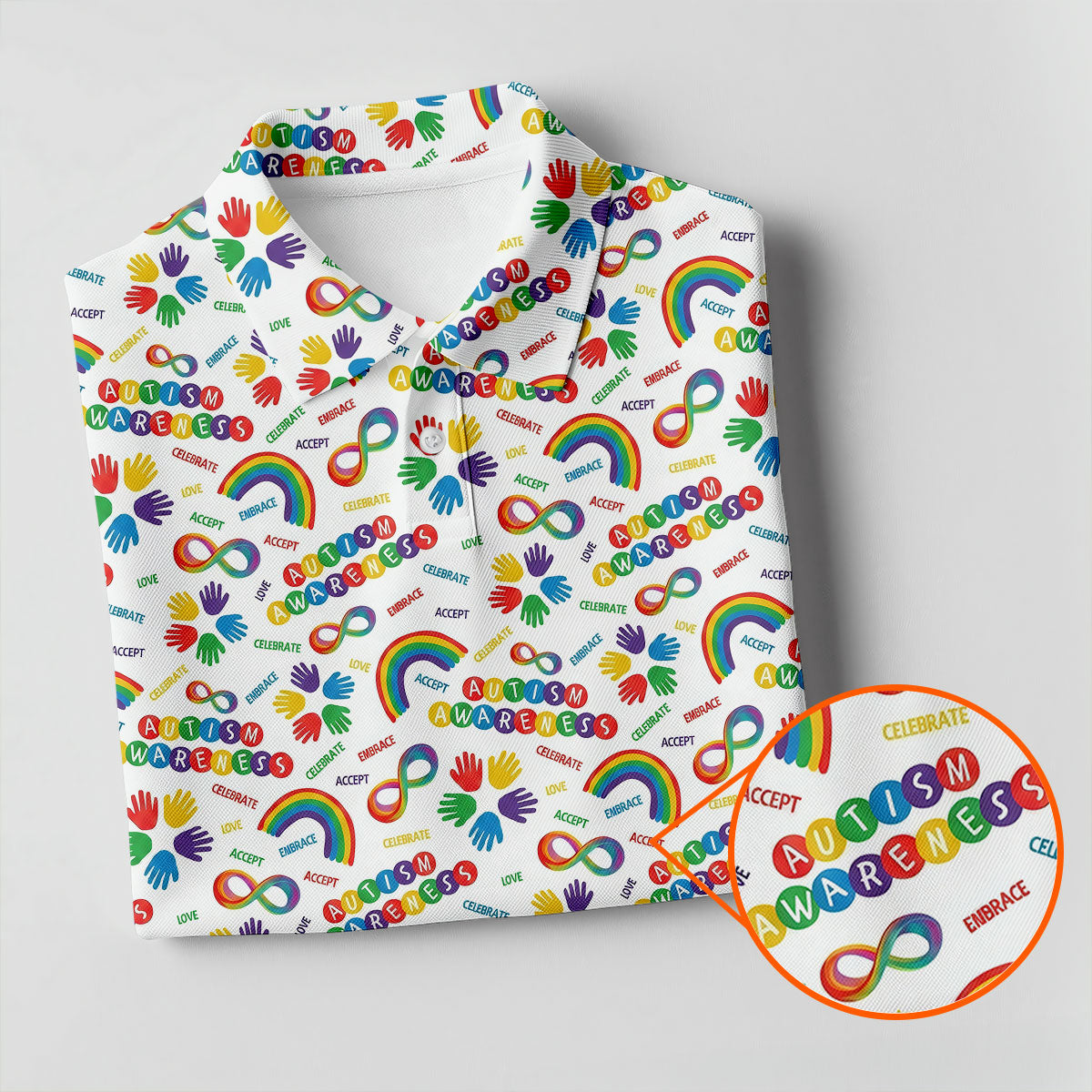 Autism Awareness Rainbow Pattern Colorful Handprints White Golf Shirt, Polo Shirts For Men