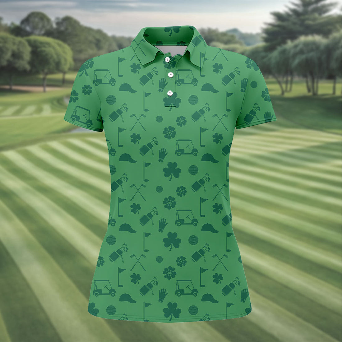 Dark Green Golf Items Seamless Pattern St. Patrick’s Day Shamrock Golf Shirt, Women's Golf Tops, Ladies Golf Polos
