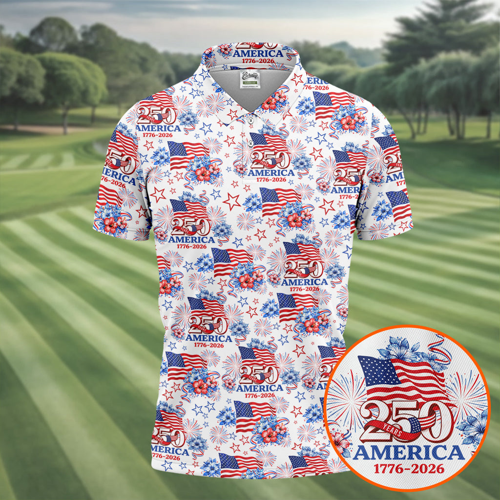 250 Years America 1776-2026 Hibiscus Tropical Flowers 4th Of July Golf Shirt, Golf Shirts For Men