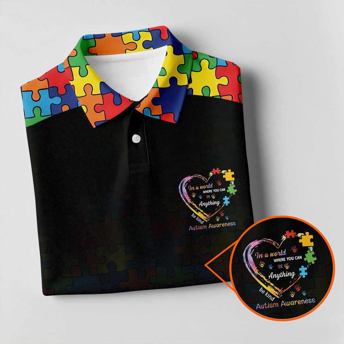 In A World Where You Can Be Anything Be Kind Autism Awareness Puzzle Pattern Black Fade Men's Golf Shirt