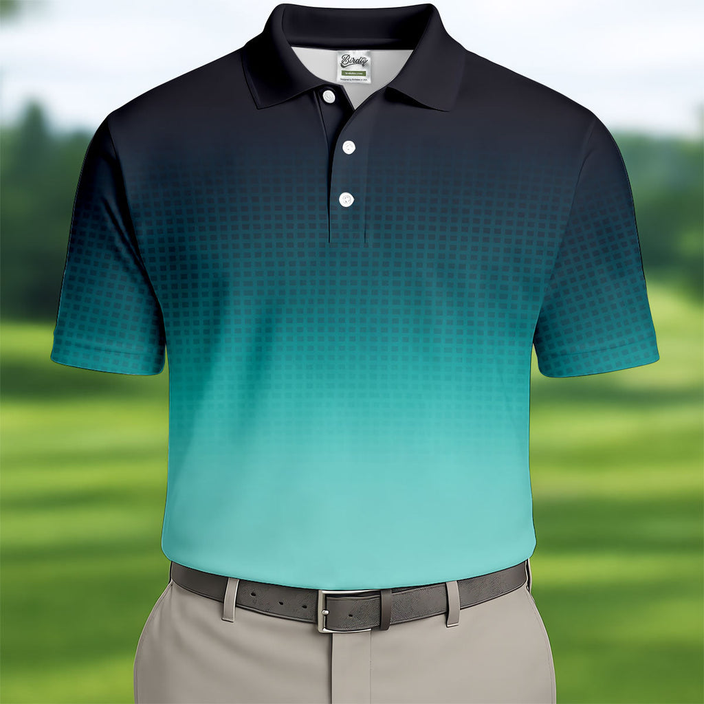 Turquoise Gradient Hawaiian Golf Shirt, Golf Tops For Men, Polo Shirts For Men