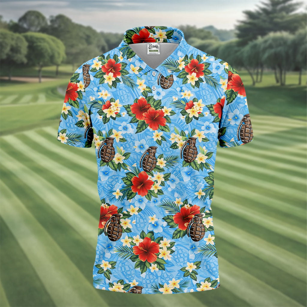 Floral Pattern Army Theme Hawaiian Blue Golf Shirt, Men's Golf Polo Shirts, Golf Shirts For Men