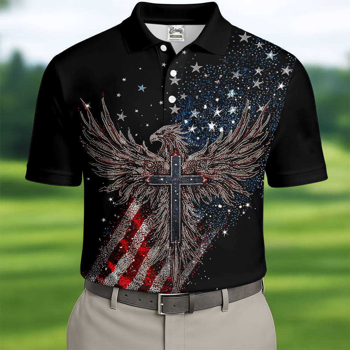 Faith Cross Patriotic Eagle Rhinestones Pattern 4th Of July Golf Shirt, 250 Years Golf Shirts For Men