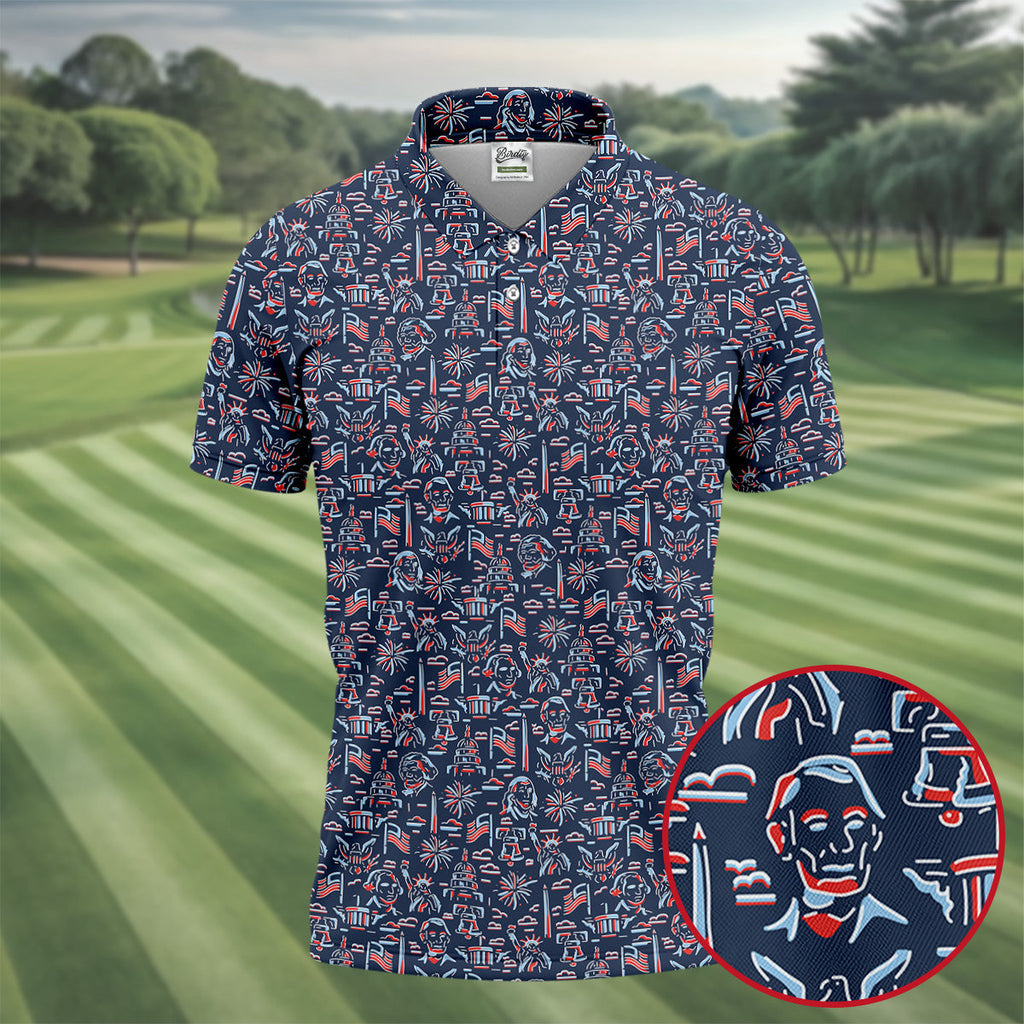 Red White Blue Outlined Patriotic American 250th Anniversary Navy Golf Shirt, 4th Of July Golf Shirts For Men