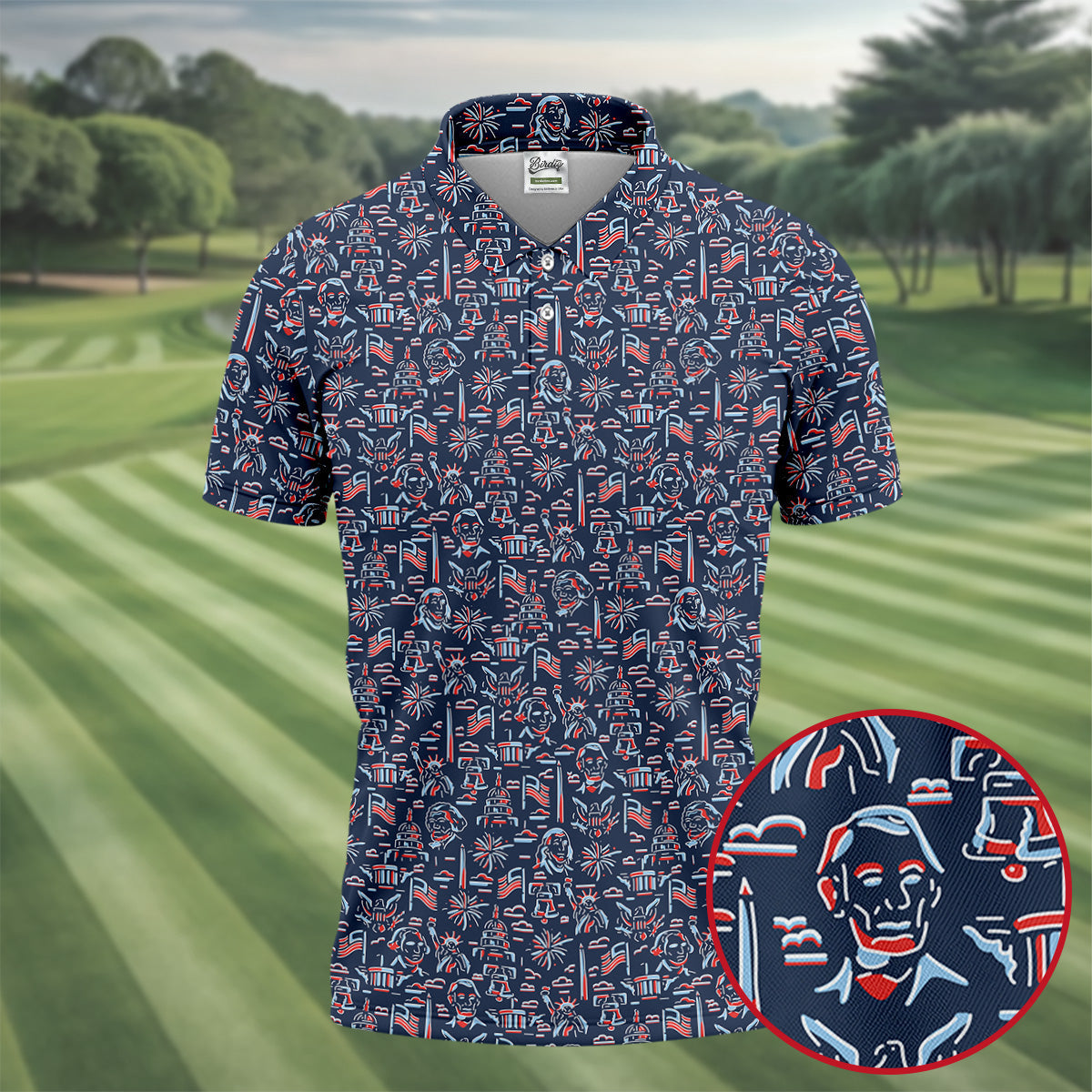 Red White Blue Outlined Patriotic American 250th Anniversary Navy Golf Shirt, 4th Of July Golf Shirts For Men