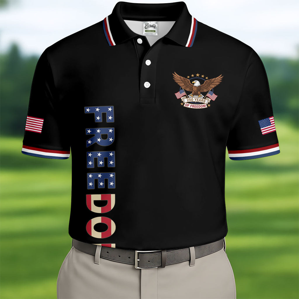 250 Years Of Freedom US Flag Logo Black Golf Shirt, Patriotic 4th Of July Golf Shirts For Men