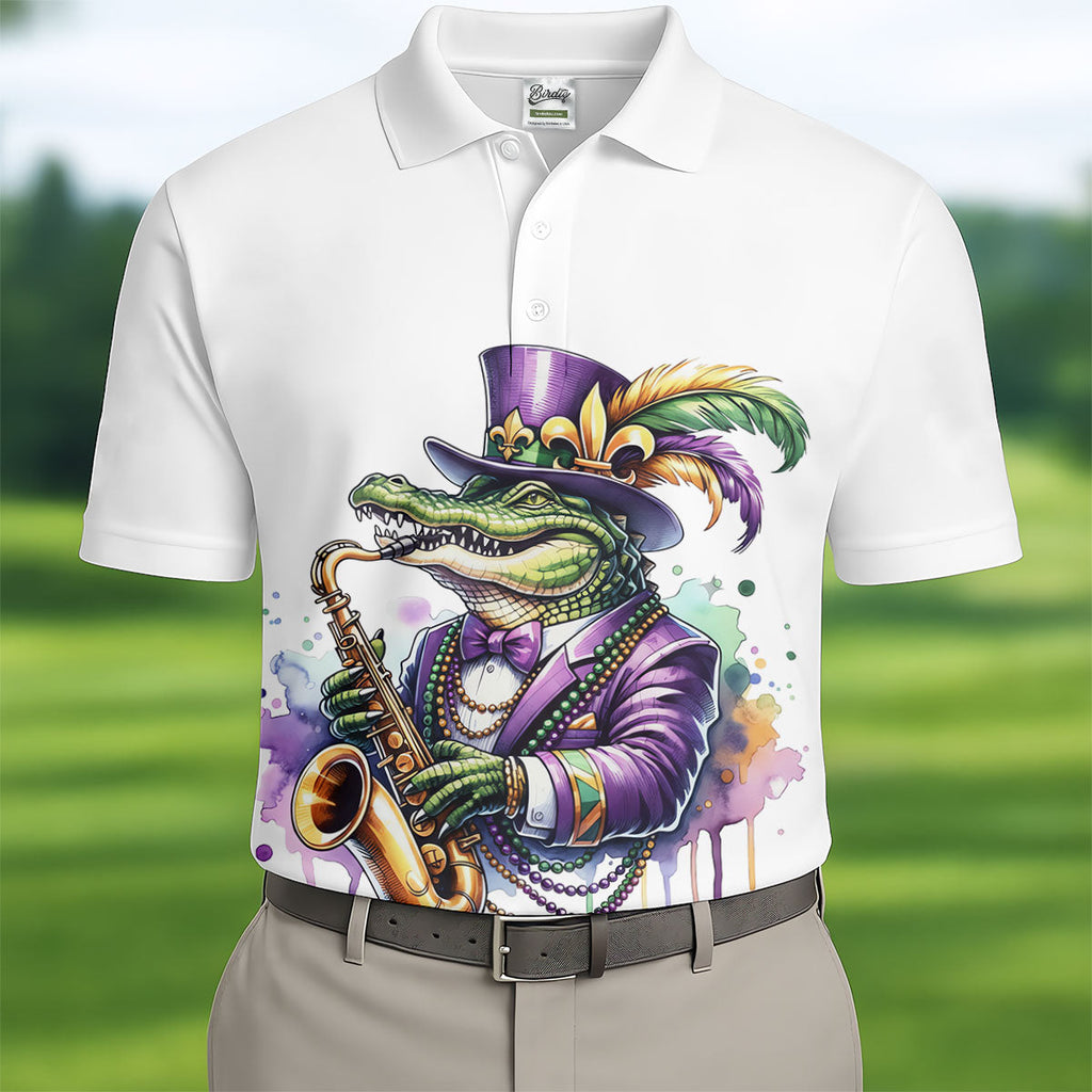 Mardi Gras Alligator Playing Saxophone White Golf Shirt, Golf Shirts For Men, Polo Shirts For Men