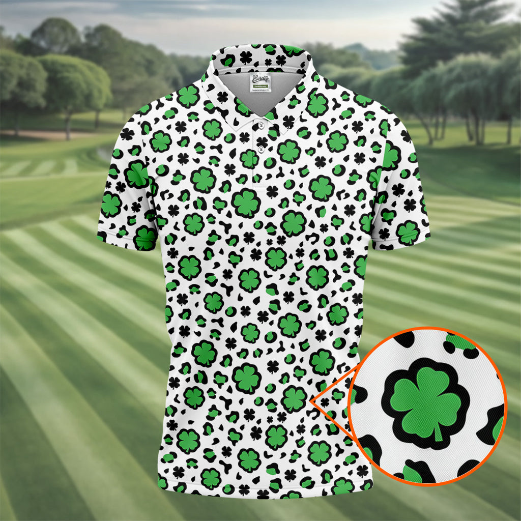 Lucky Four Leaf Clover Leopard Pattern St Patrick's Day Golf Shirt, Polo ShirtFor Men, Golf Shirts For Men